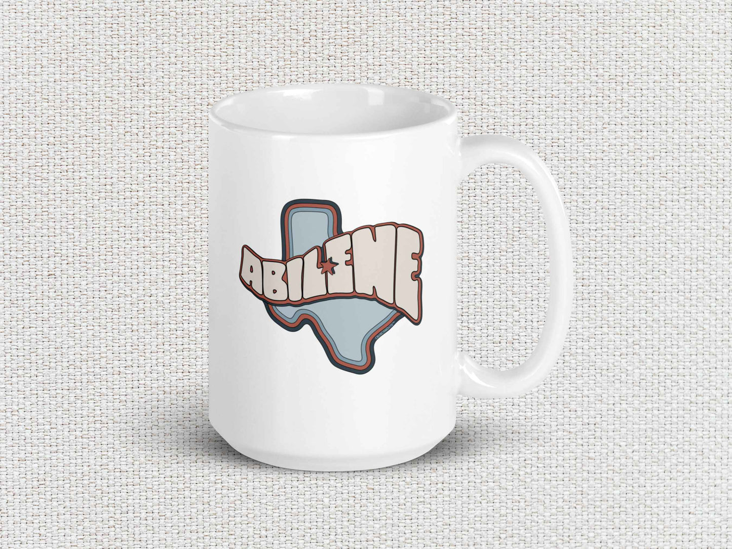 abilene coffee mug, 15oz, handle on right, white textured background