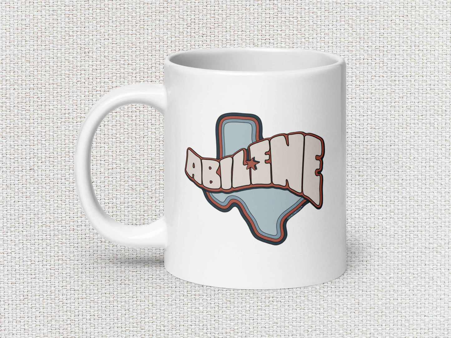 abilene coffee mug, 20oz, handle on left, white textured background