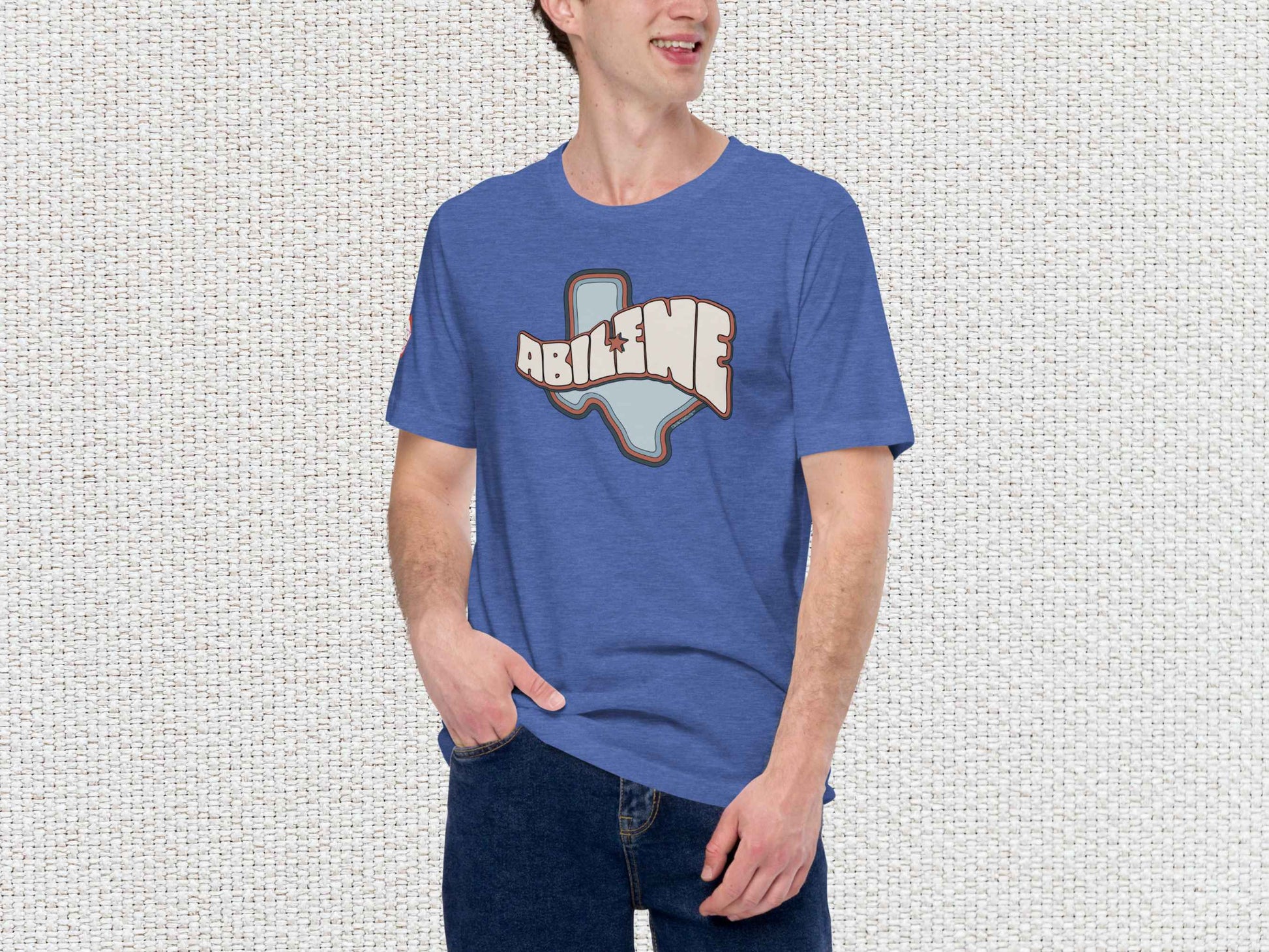 abilene texas souvenir t shirt, male model, front, white textured background