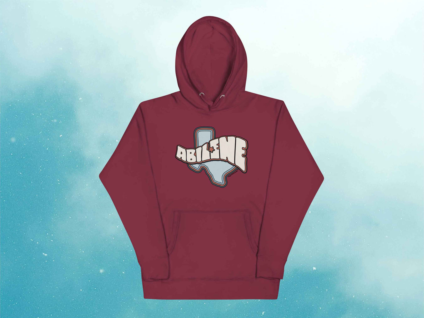 abilene tx pullover hoodie, retro hoodied sweatshirts, flat, front, blue sky background