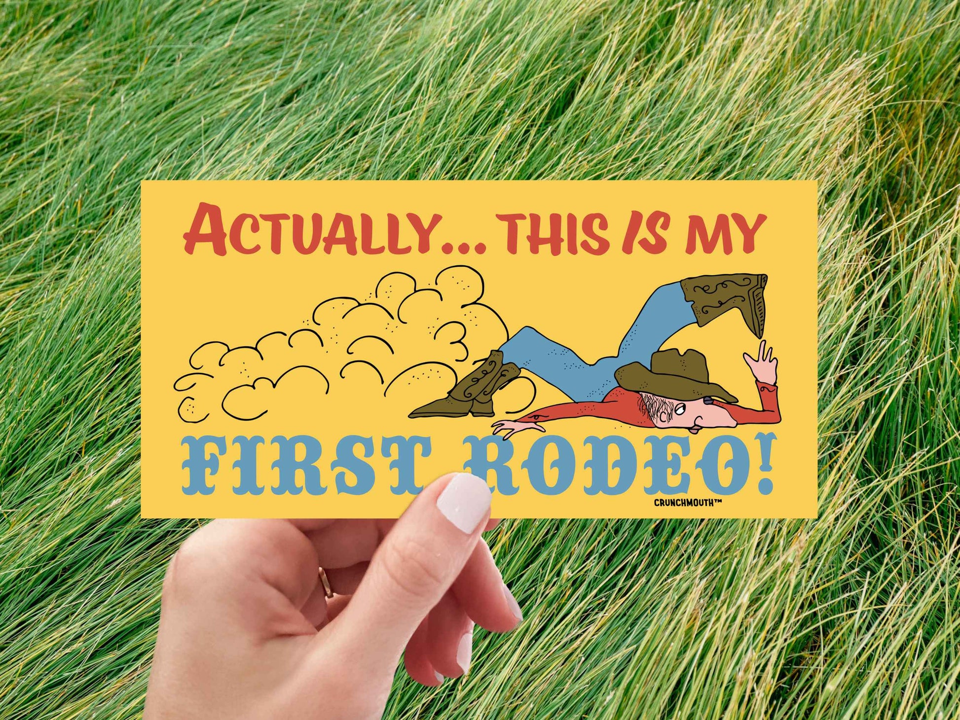 actually this is my first rodeo bumper sticker, funny bumper stickers, hand display, green grass background