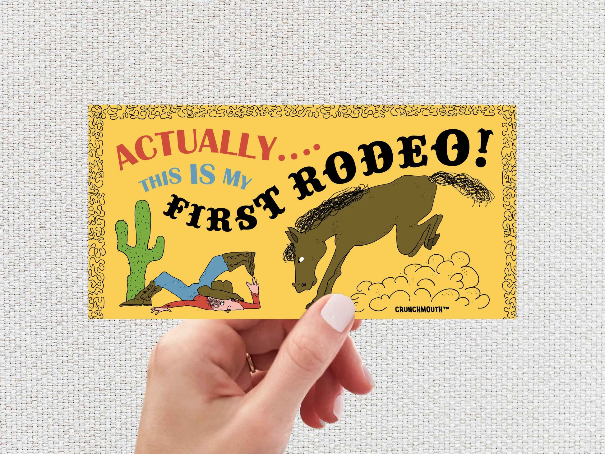 actually this is my first rodeo bumper sticker, funny bumper stickers, hand display, white textured background