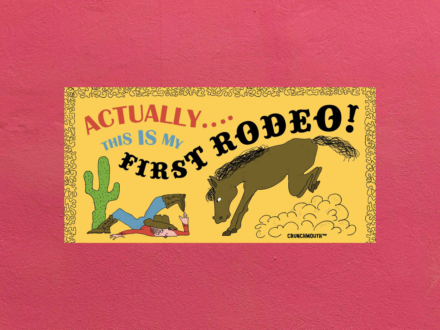 actually this is my first rodeo bumper sticker, funny bumper stickers, rose color textured background