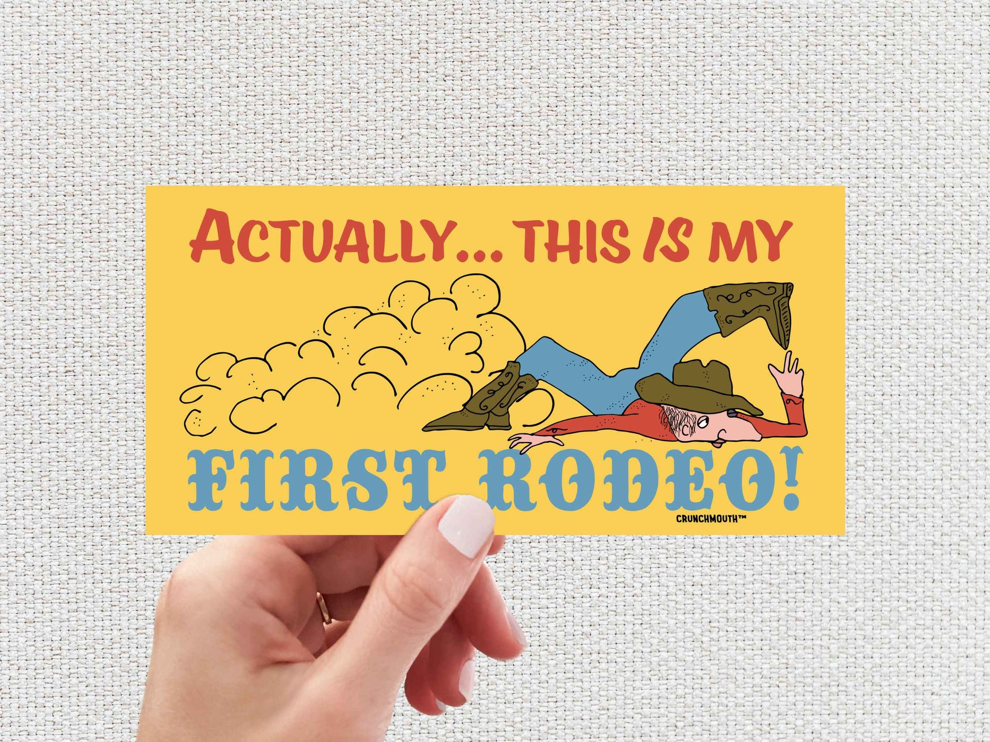 actually this is my first rodeo bumper sticker, funny bumper stickers, hand display, white textured background