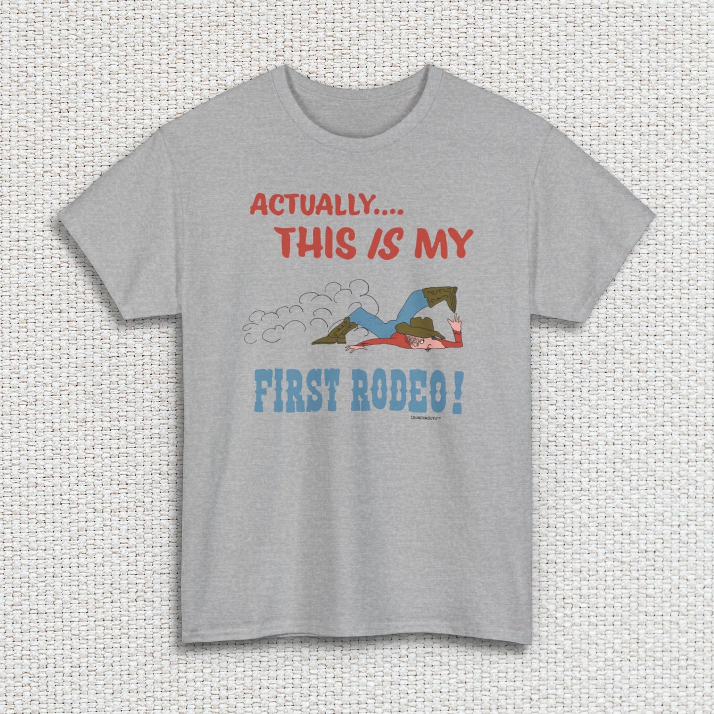 actually this is my first rodeo shirt, sport grey color, white textured fabric background