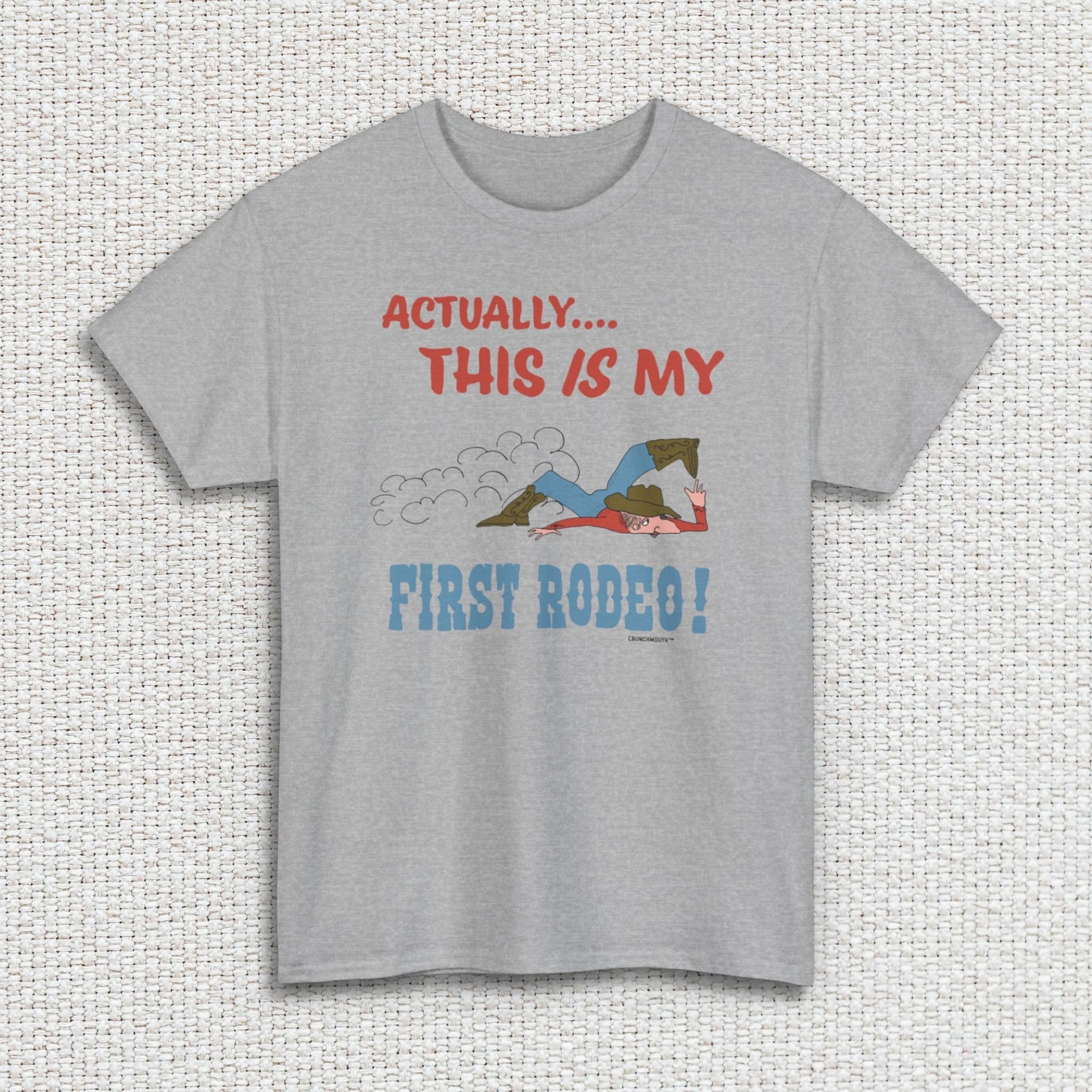 actually this is my first rodeo shirt, sport grey color, white textured fabric background