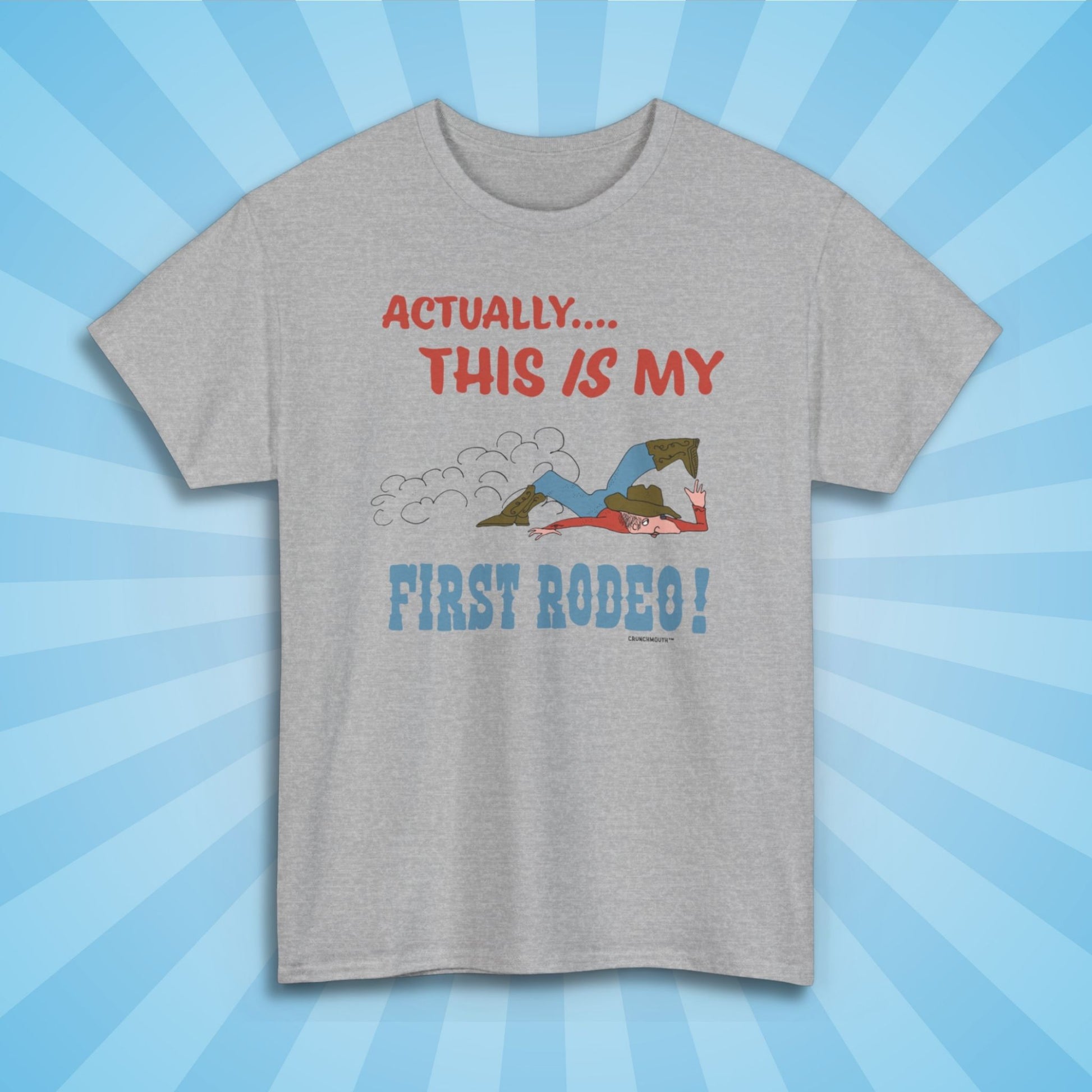 actually this is my first rodeo shirt, sport grey color, sun rays design background