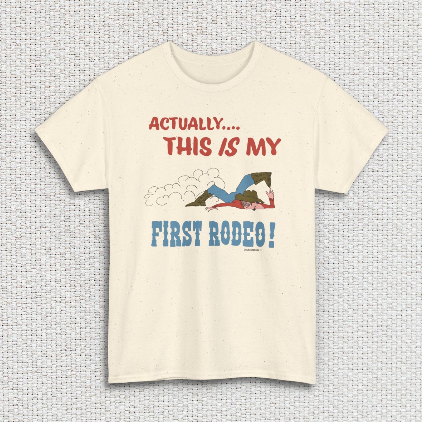 actually this is my first rodeo shirt, natural color, white textured fabric background