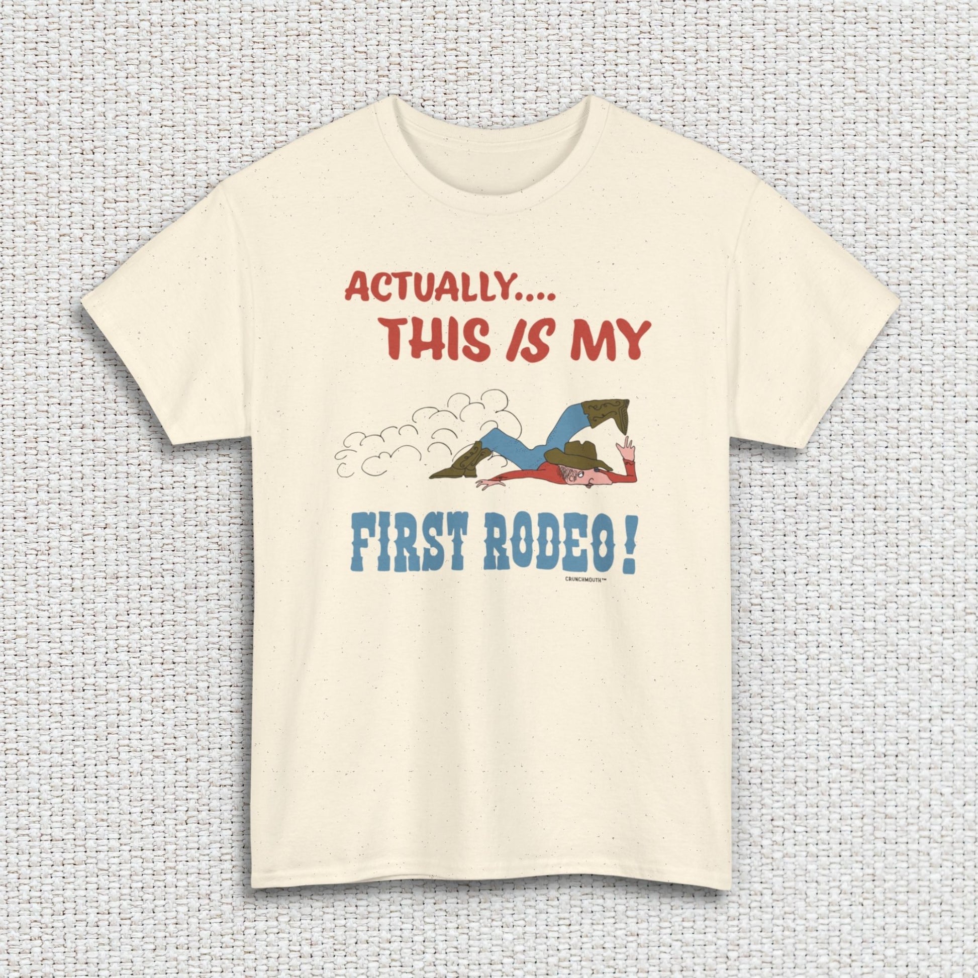 actually this is my first rodeo shirt, natural color, white textured fabric background