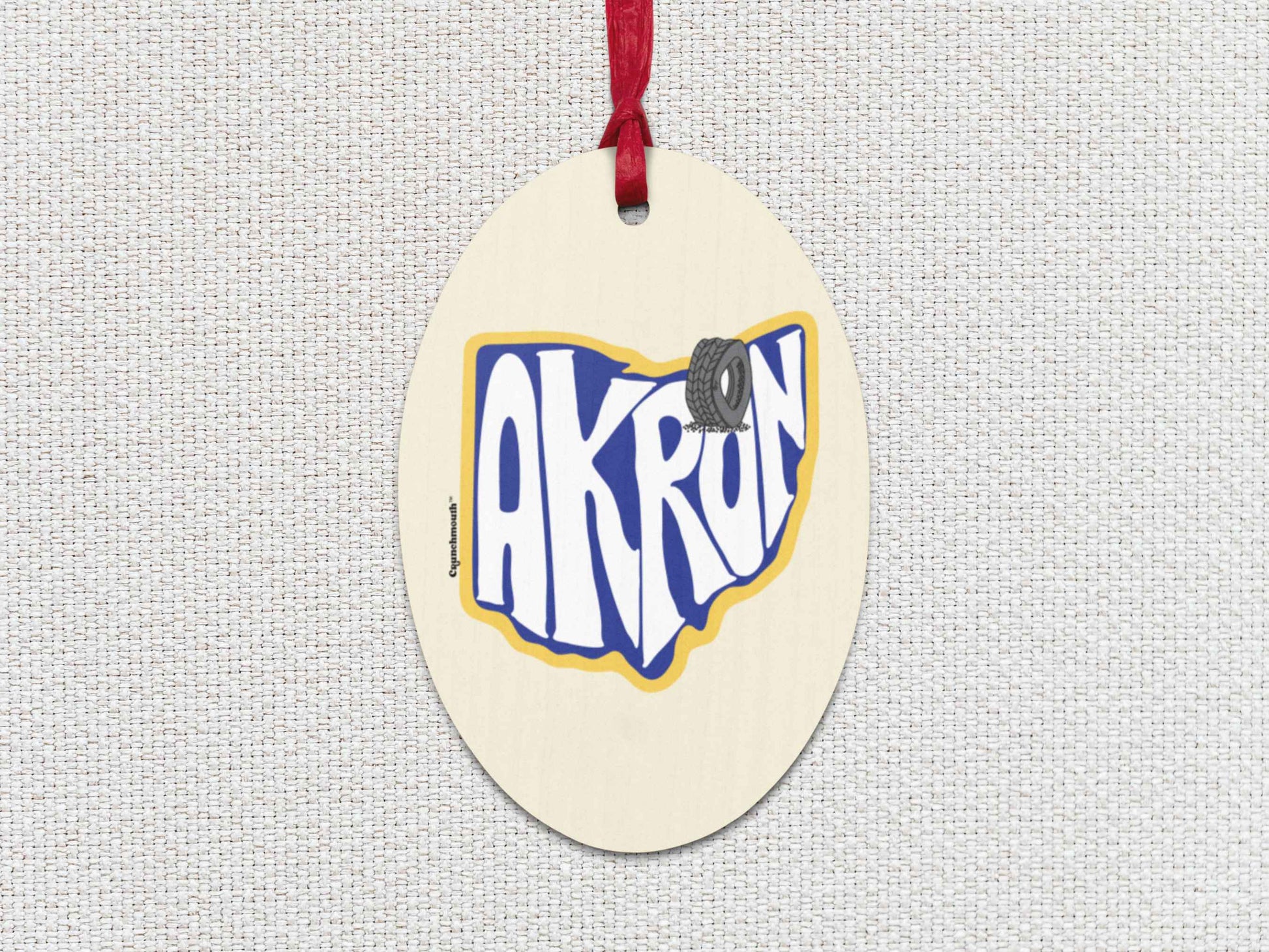 akron Christmas ornament, front, white textured background