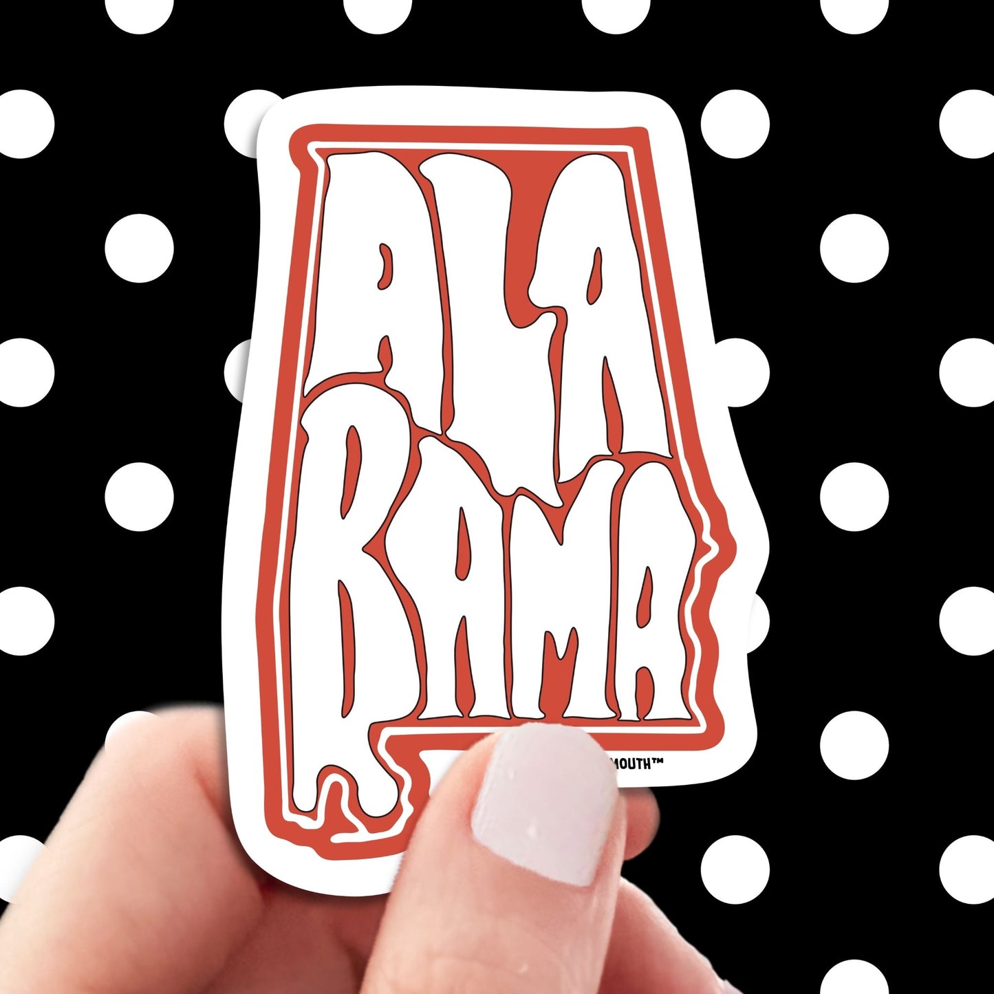 Alabama travel luggage sticker, hand display, polka dots pattern design background
