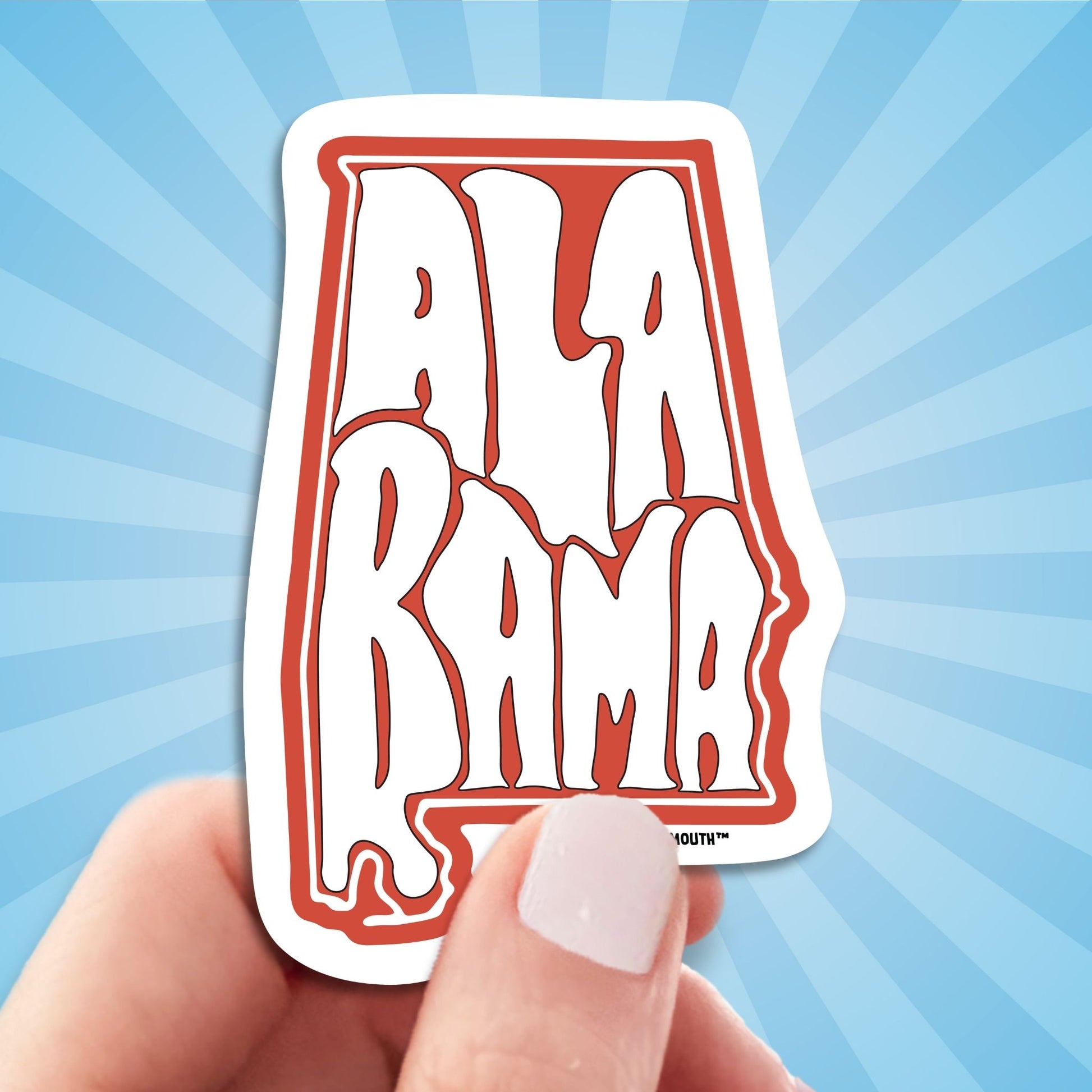 Alabama travel luggage sticker, hand display, sun rays design background
