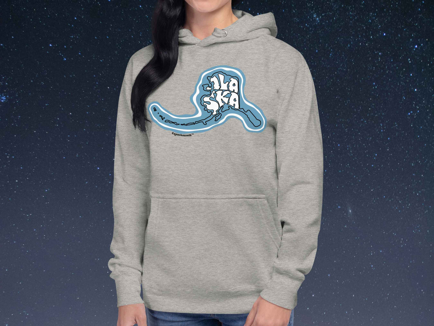 alaska hoodie, front, female model, starry night sky background