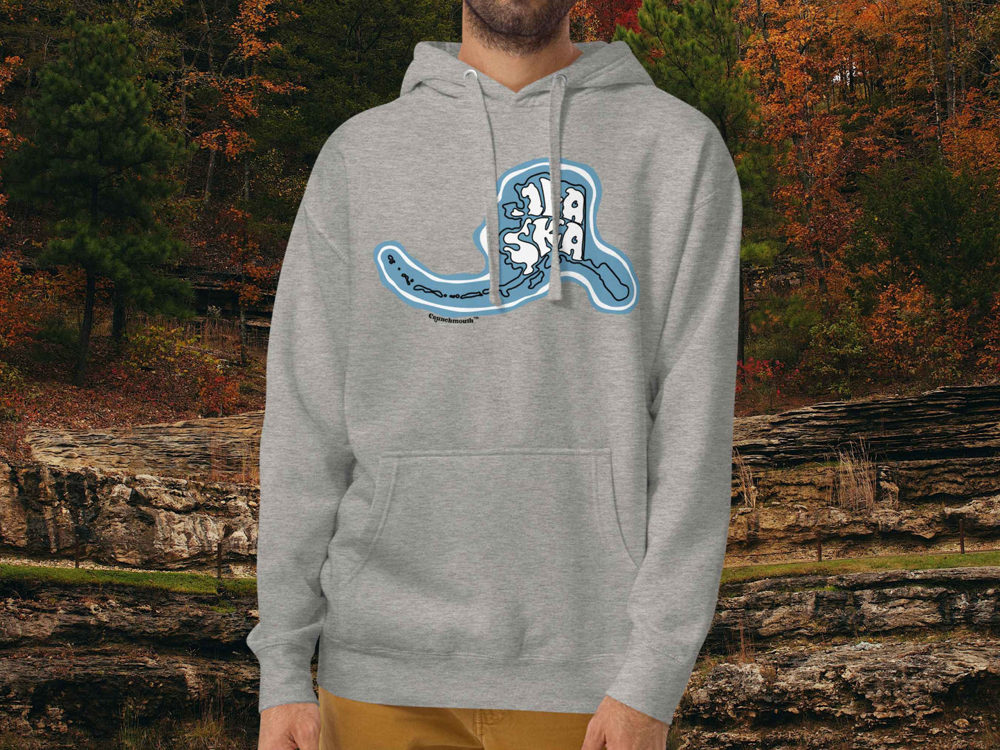 alaska hoodie, front, male model, autumn forest background