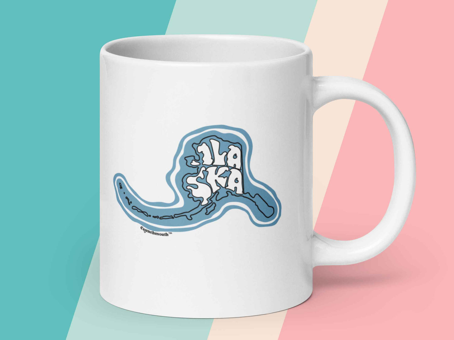 alaska coffee mug, souvenir mugs, 20 oz, handle on right, pastel stripe background