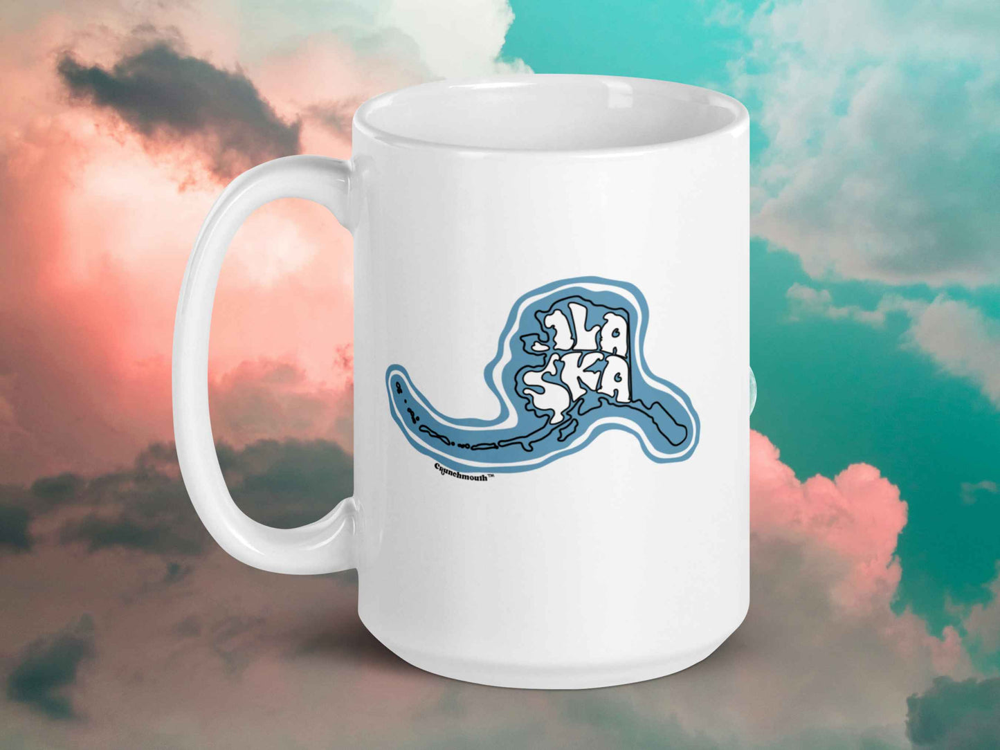 alaska coffee mug, souvenir mugs, 15 oz, handle on left, cloud sky background