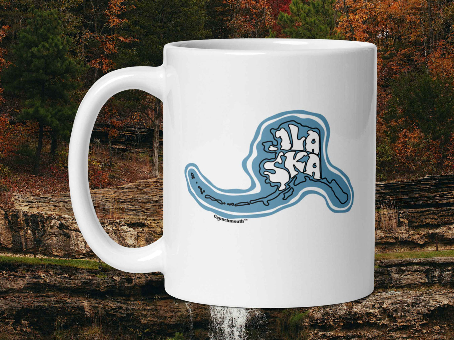 alaska coffee mug, souvenir mugs, 11 oz, handle on left, mountain stream background