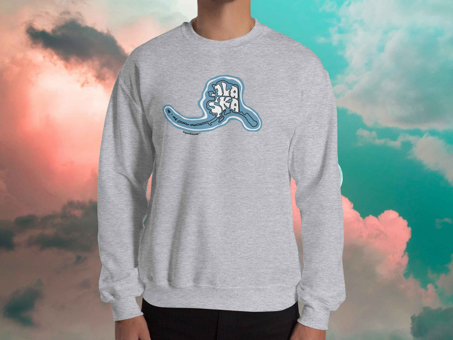 alaska sweatshirt, retro crewneck sweatshirt, front, male model, cloud sky background