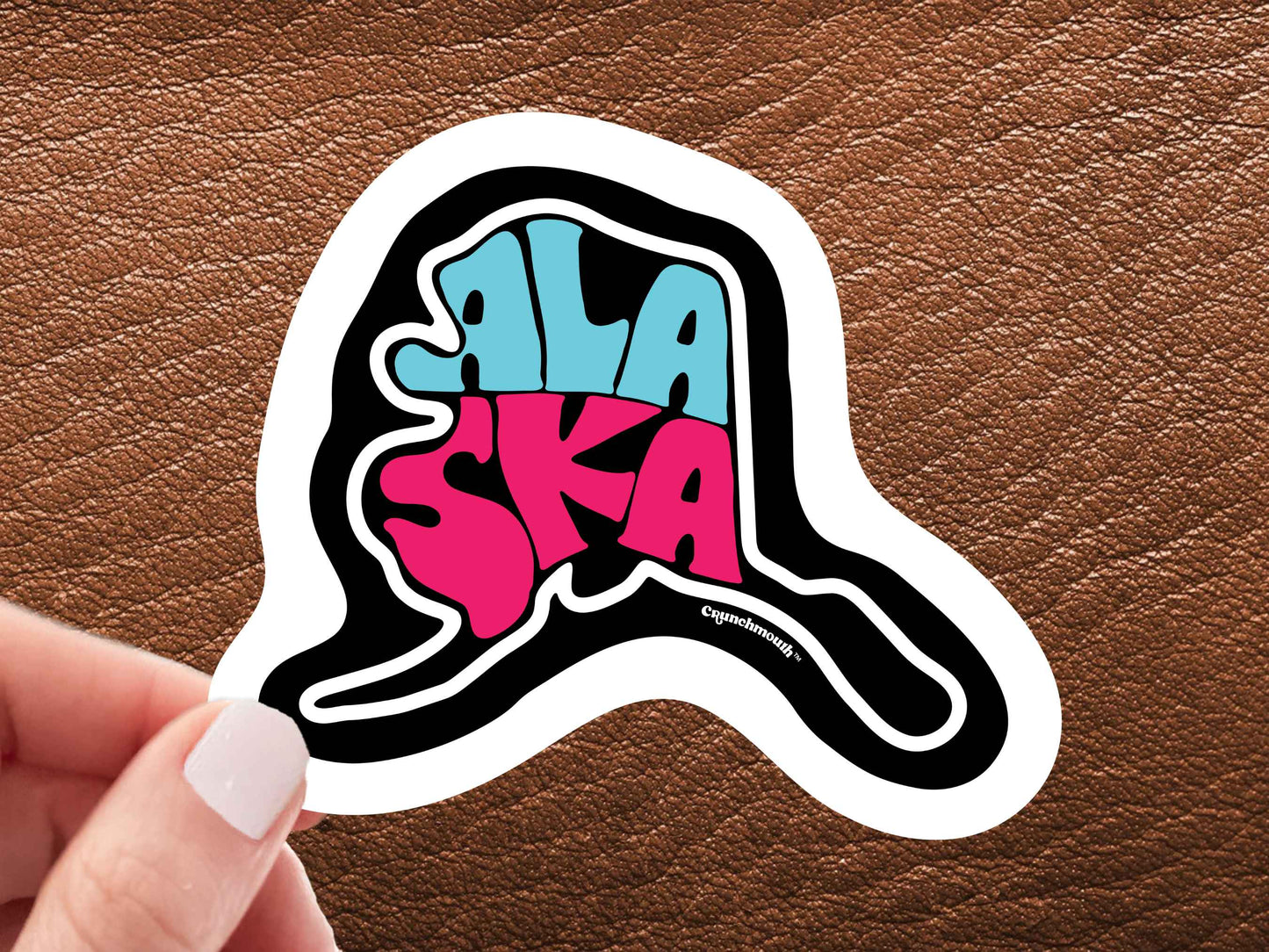 alaska travel luggage sticker, hand display, brown leather background