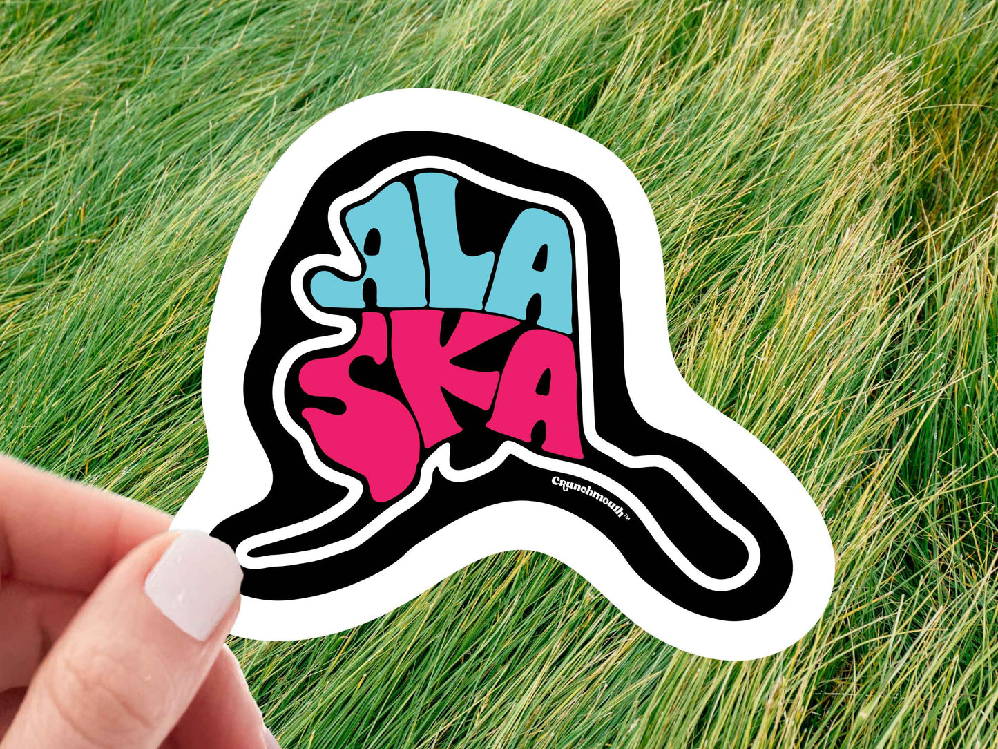 alaska travel luggage sticker, hand display, grass background