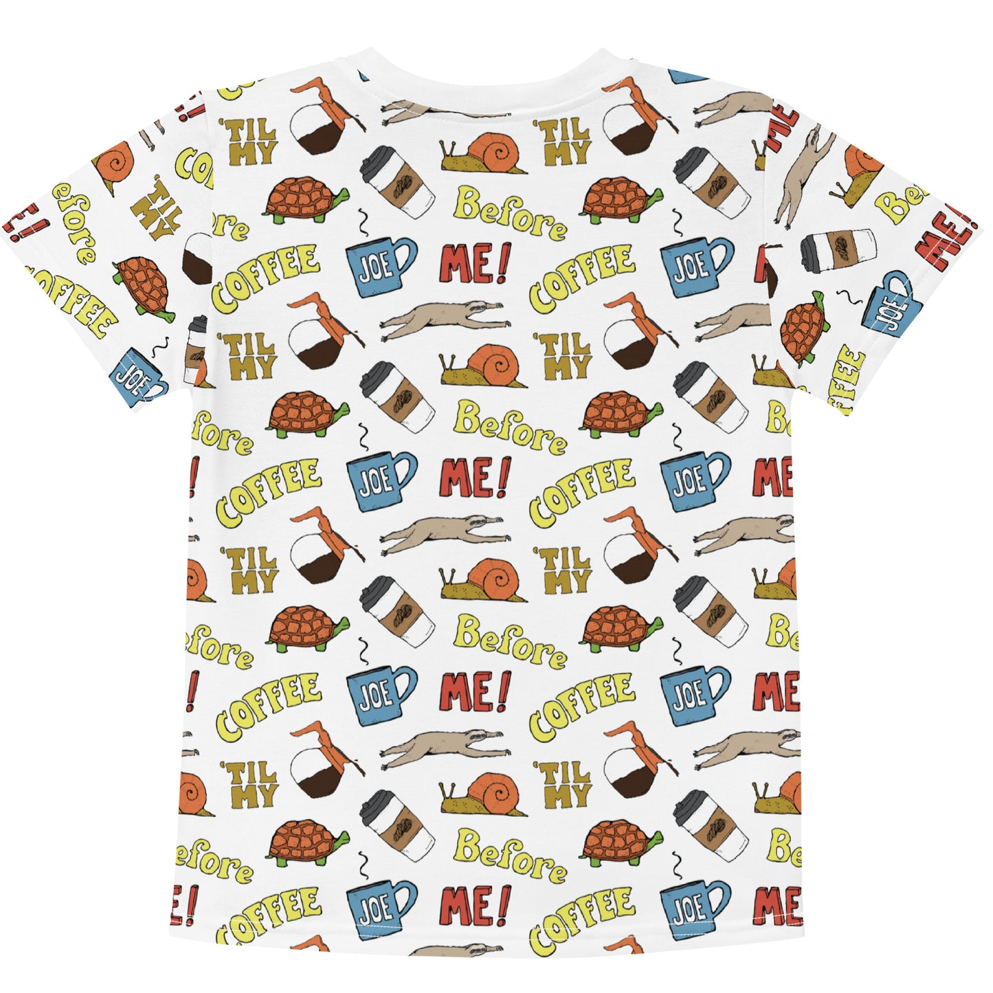 me before coffee funny cartoon pattern shirt for kids, angle 2