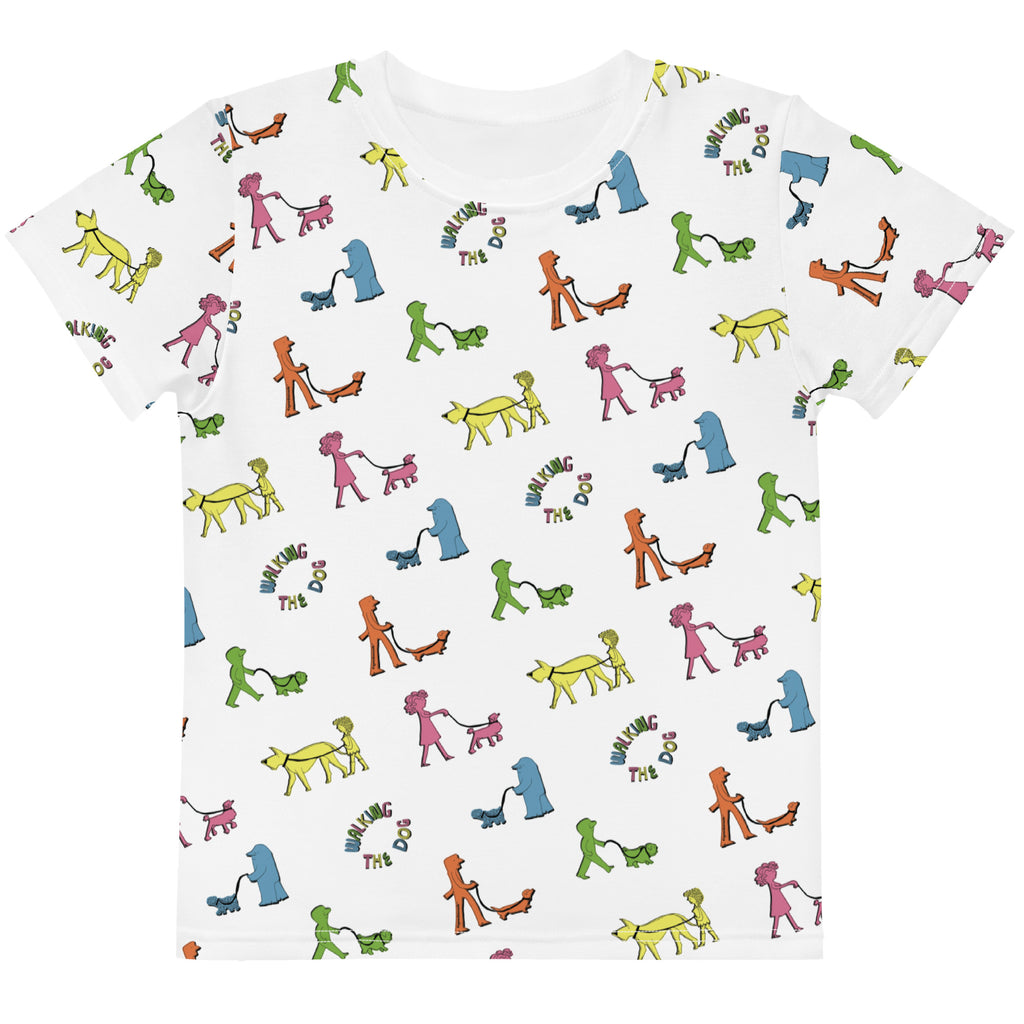 walking the dog all over print shirt for kids, front