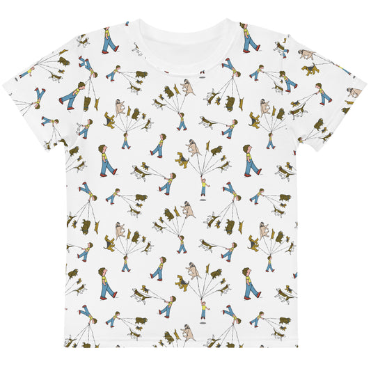 dog walker pattern all over print kids crew neck t shirt, front