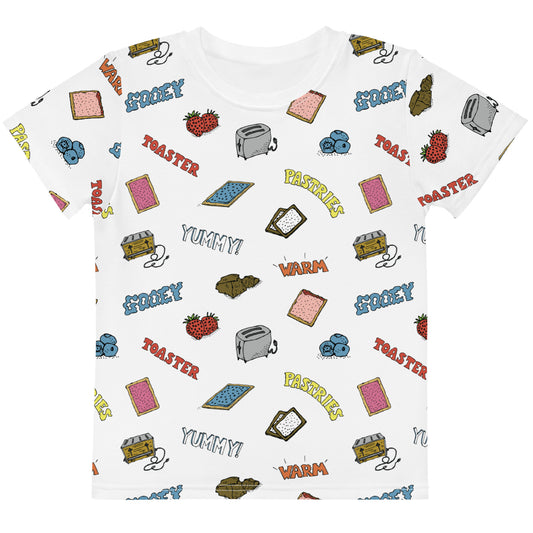 toaster pastries all over print t-shirt for kids, featuring cartoon images of pop tarts, strawberries, chocolate, blueberries, back