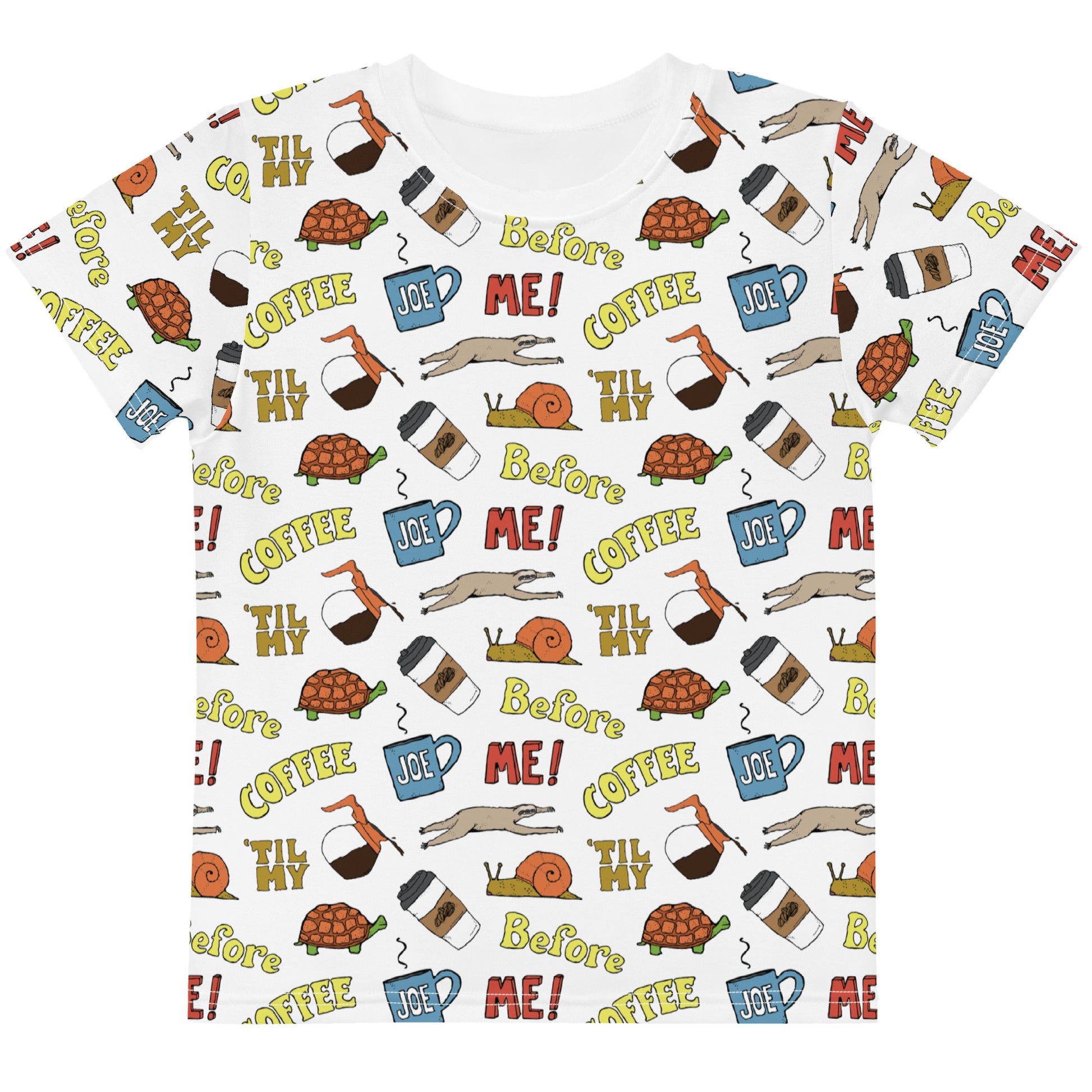 me before coffee funny cartoon pattern shirt for kids, angle 1