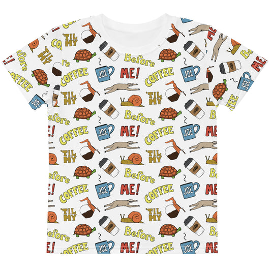 me before coffee funny cartoon pattern shirt for kids, angle 1