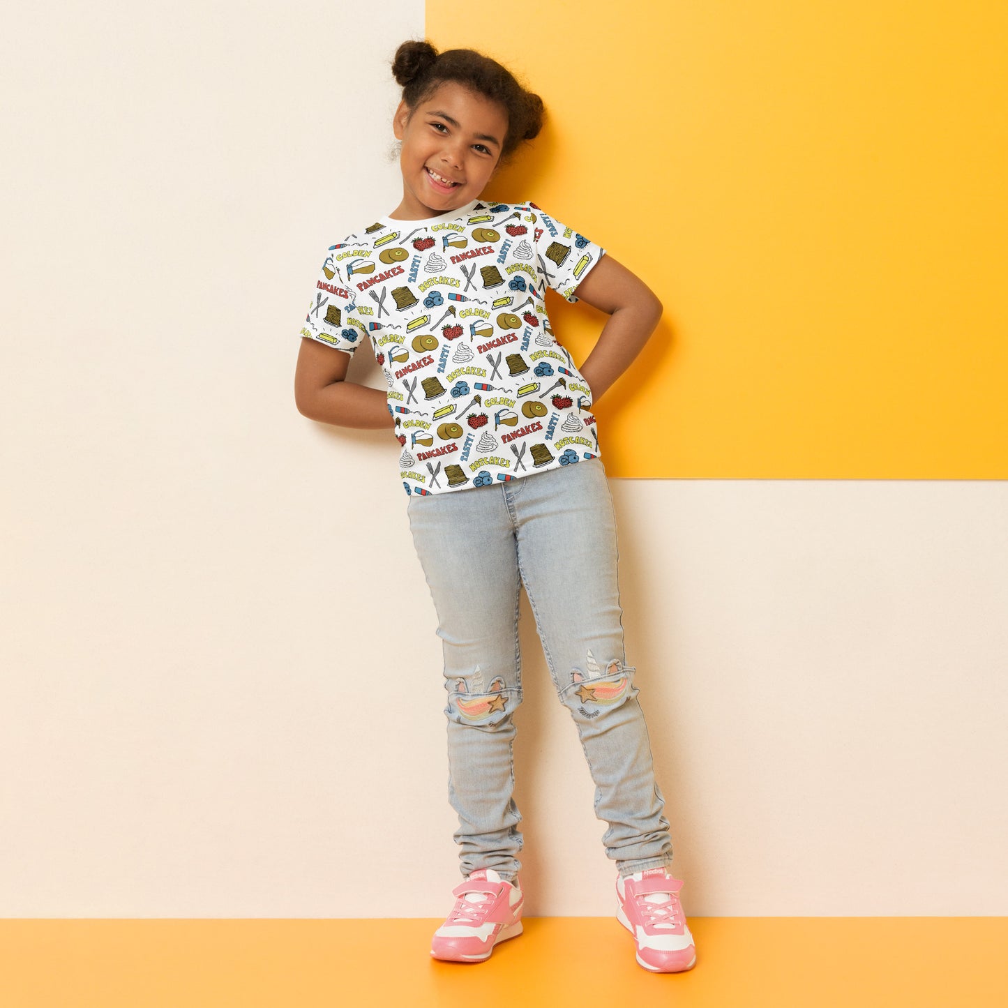 pancakes all over print t shirt for kids, girl&#39;s lifestyle mockups