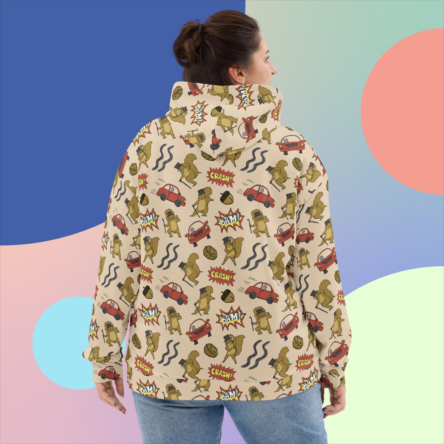 tap dancing squirrel in traffic hoodie, female, back