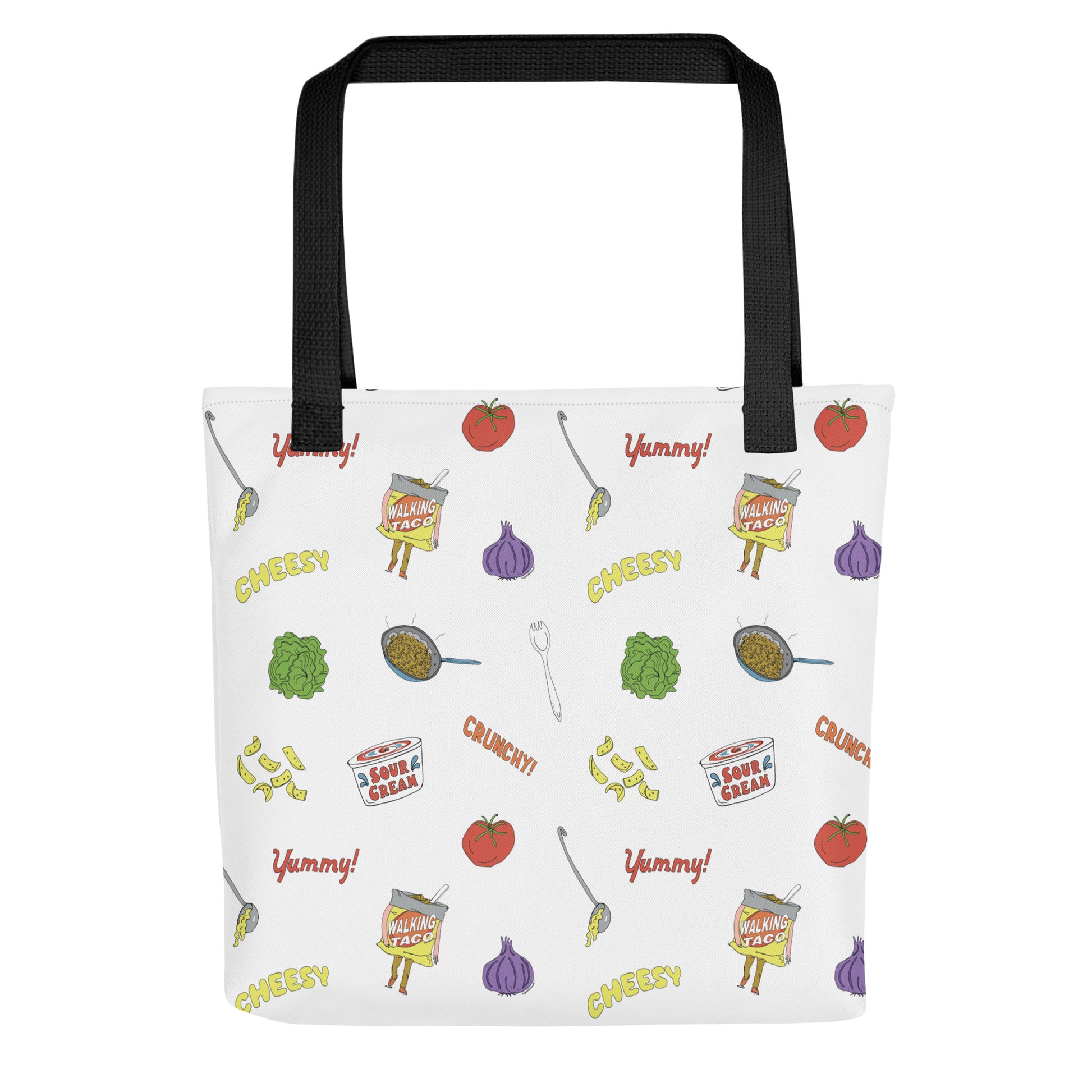 walking taco all over print tote bag