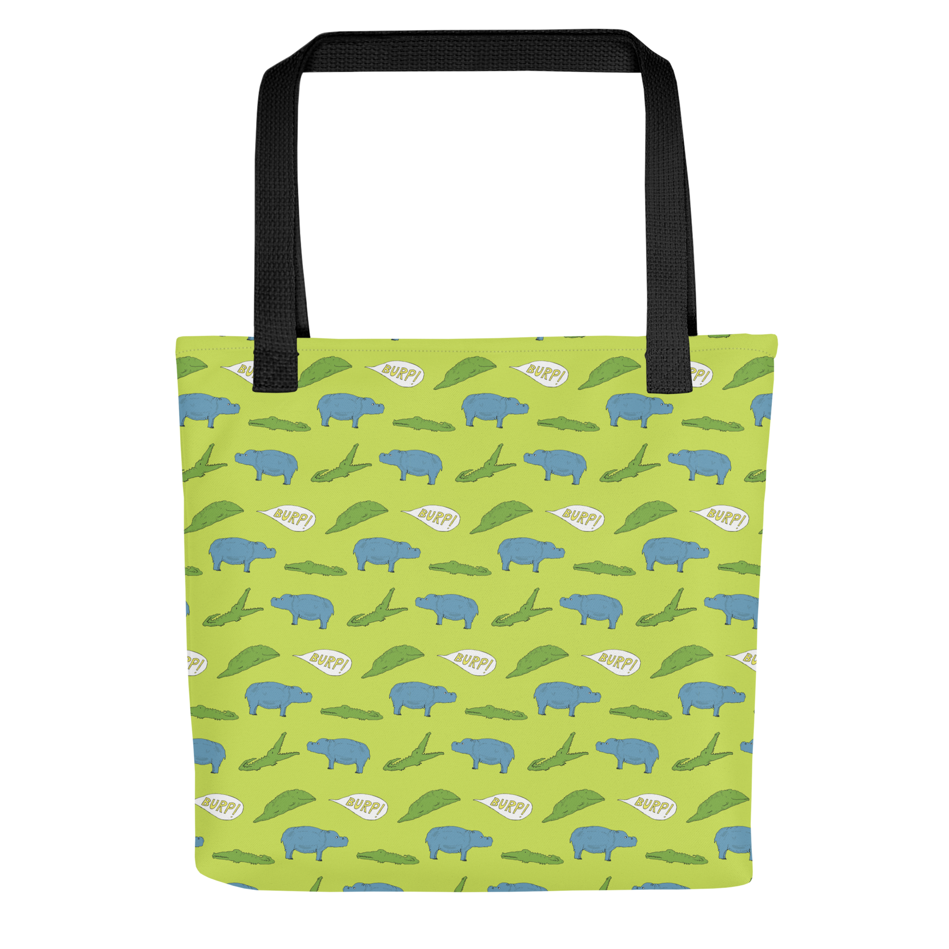 gator eating hippopotamus pattern tote bag, plain white background