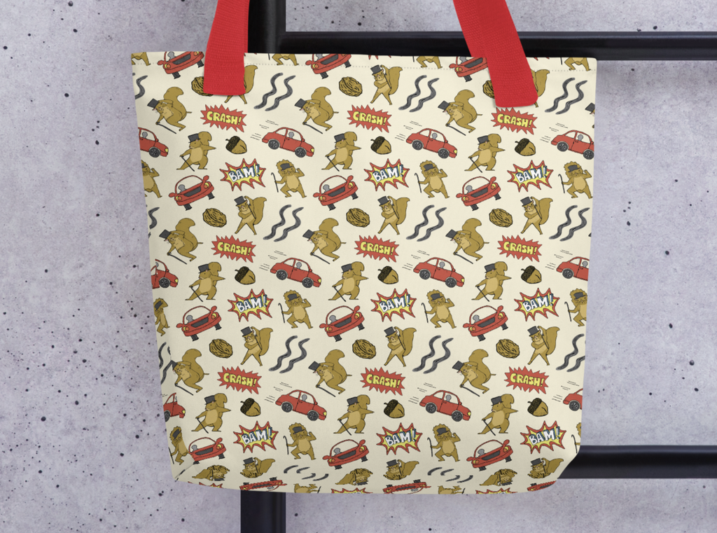 distracted squirrel tote bag, front, lifestyle mockup, light  gray background