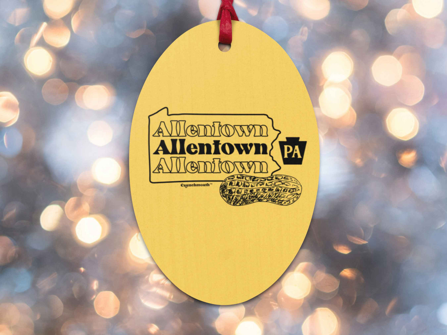 allentown wooden Christmas ornament, back, Christmas light background