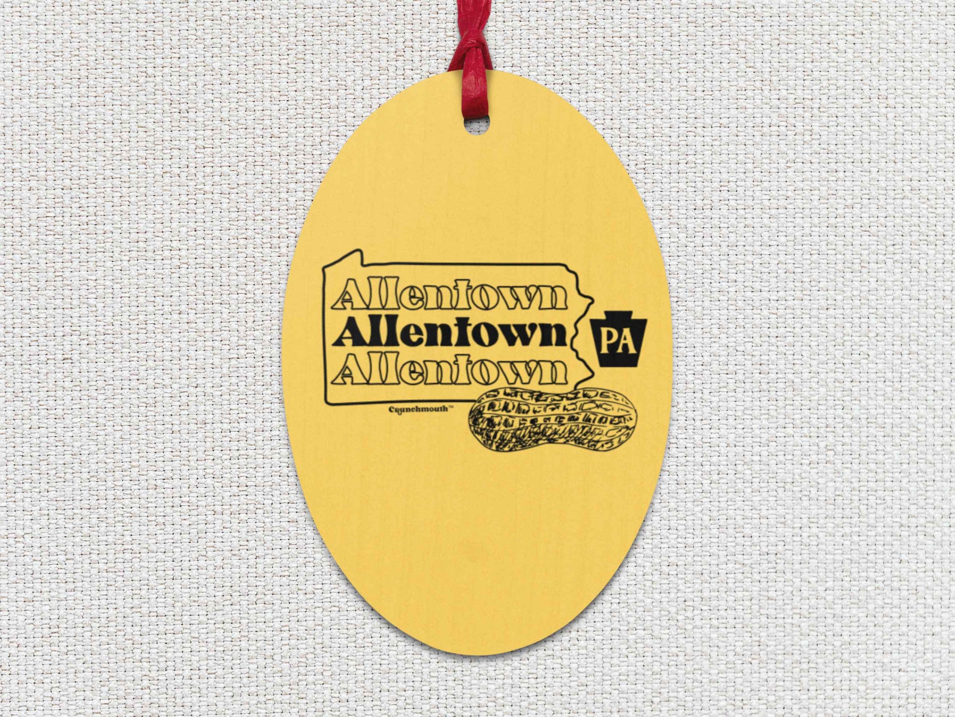 allentown wooden Christmas ornament, front, white textured background