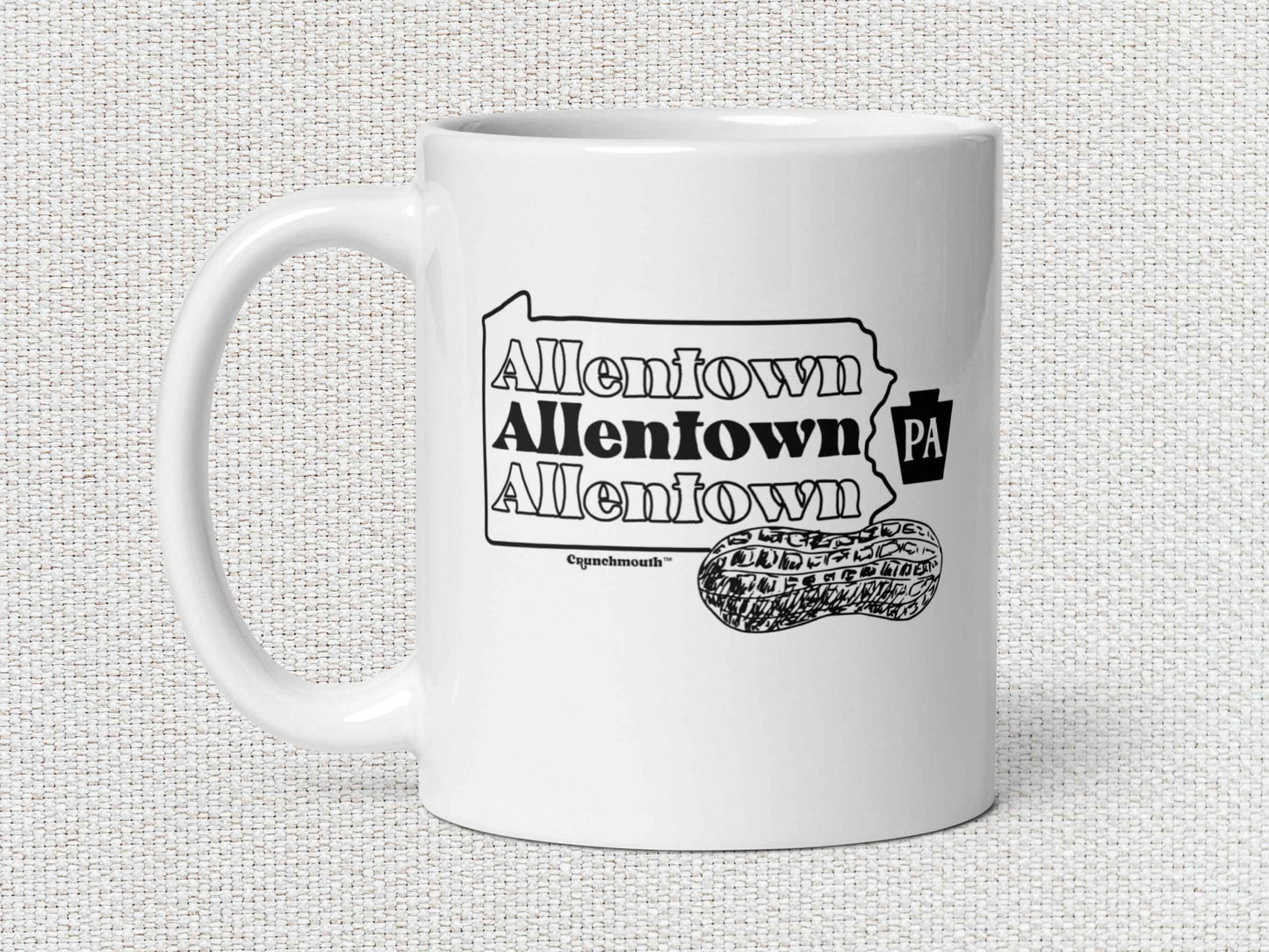 allentown peanut city coffee mug, 11oz, handle on left, white textured background