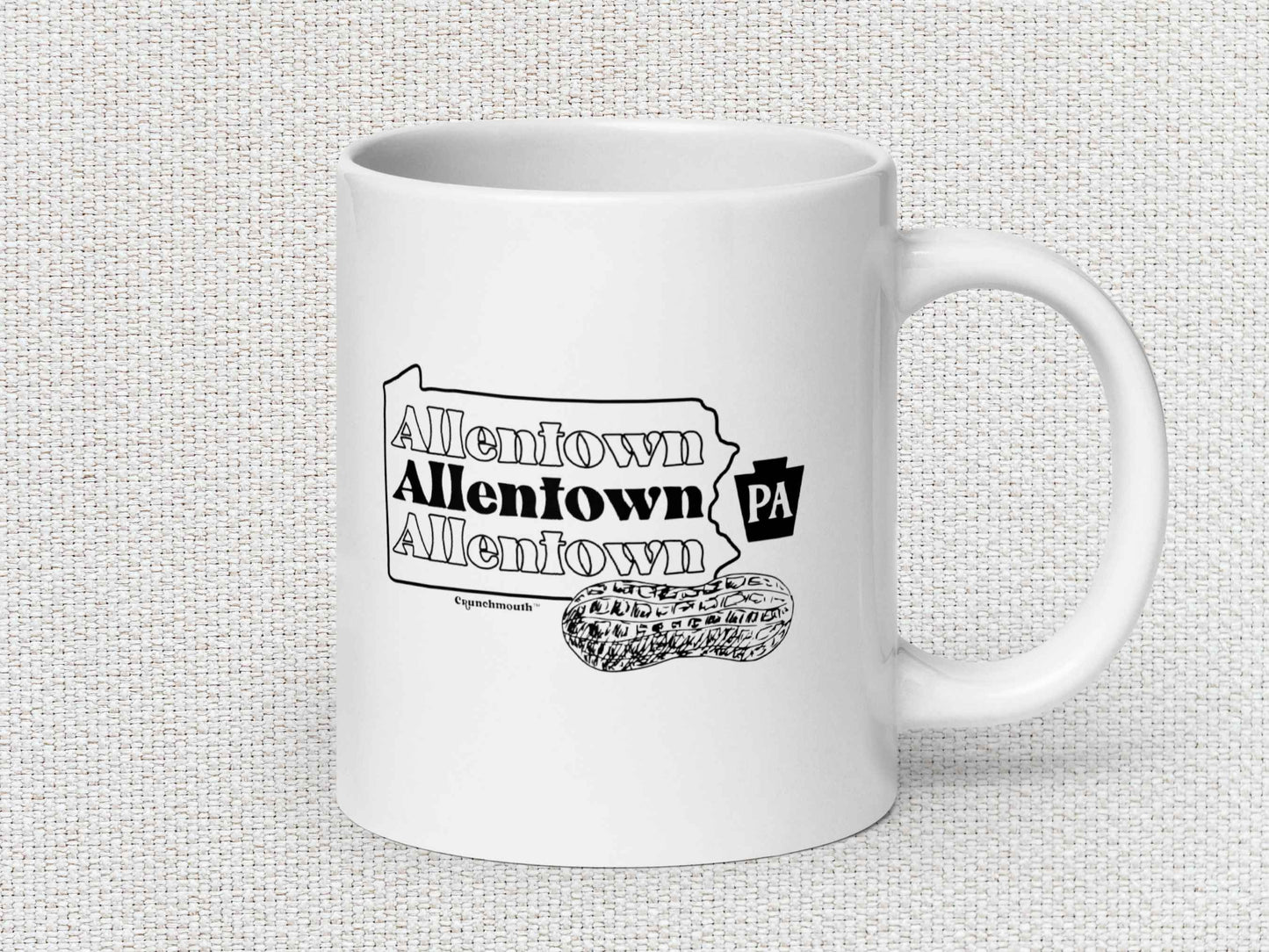 allentown peanut city coffee mug, 20oz, handle on right, white textured background