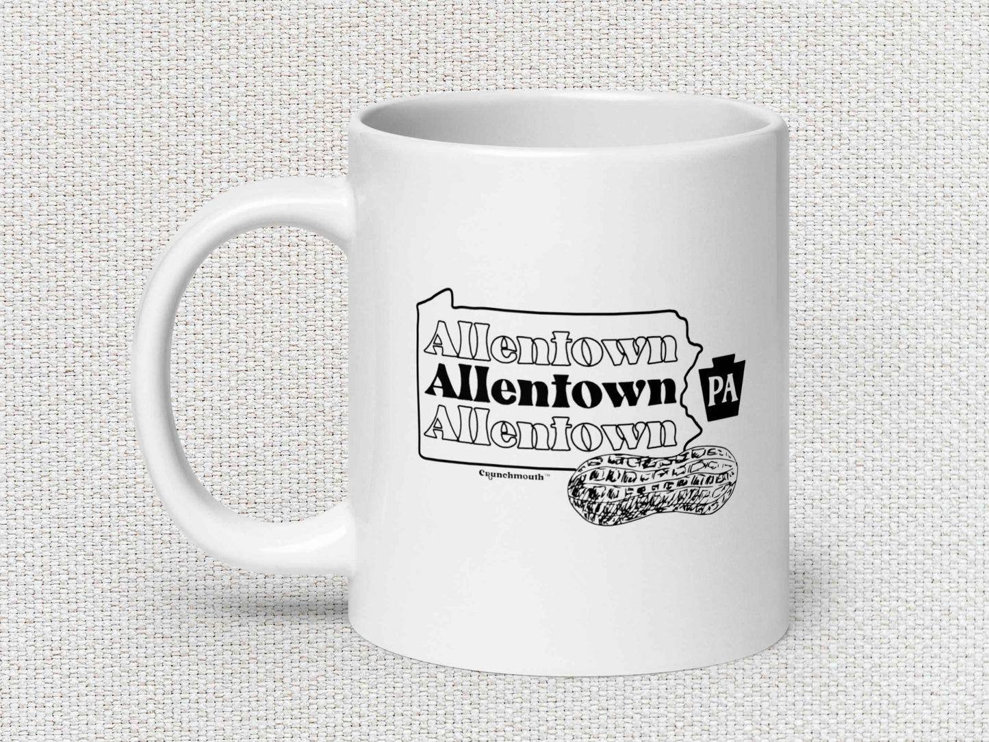 allentown peanut city coffee mug, 20oz, handle on left, white textured background