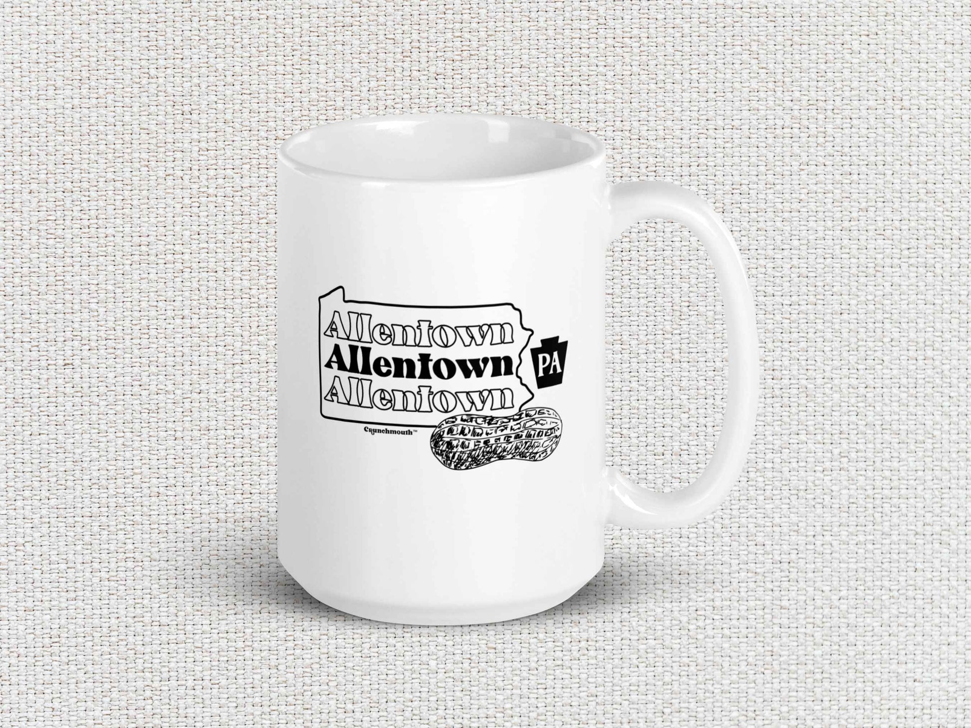 allentown peanut city coffee mug, 15oz, handle on right, white textured background