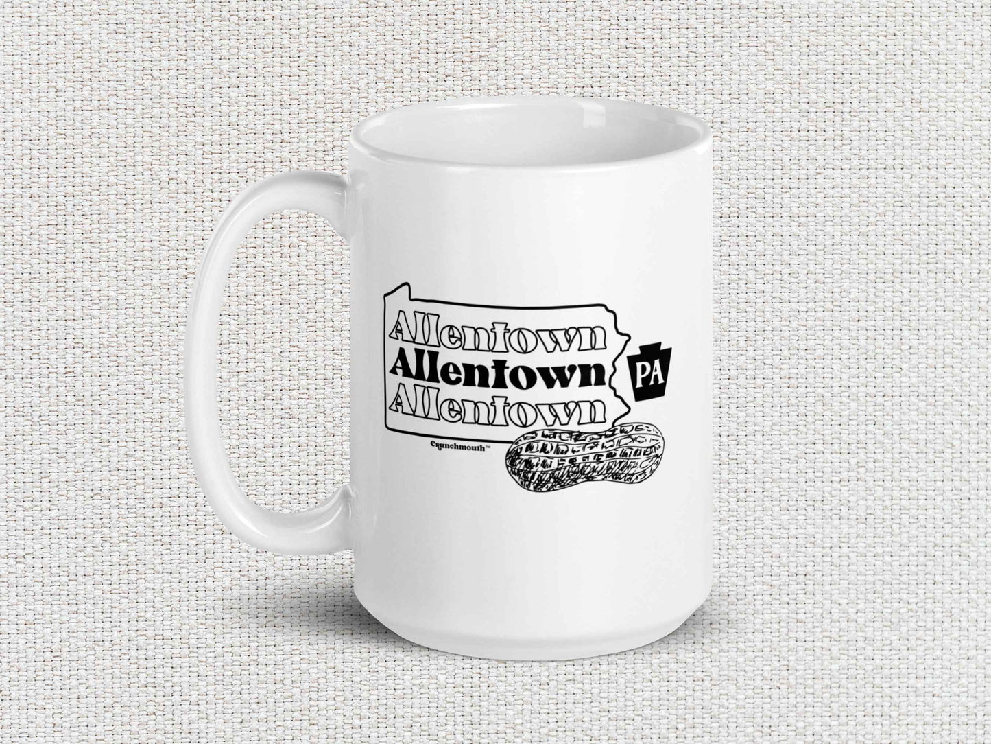 allentown peanut city coffee mug, 15oz, handle on left, white textured background