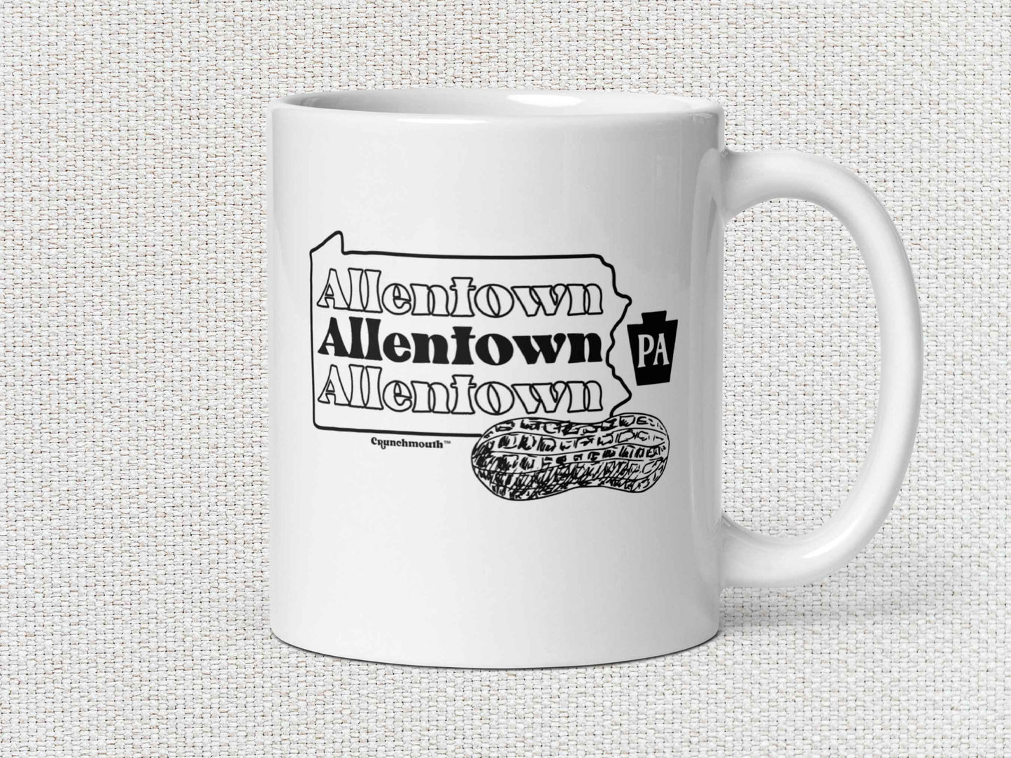 allentown peanut city coffee mug, 11oz, handle on right, white textured background