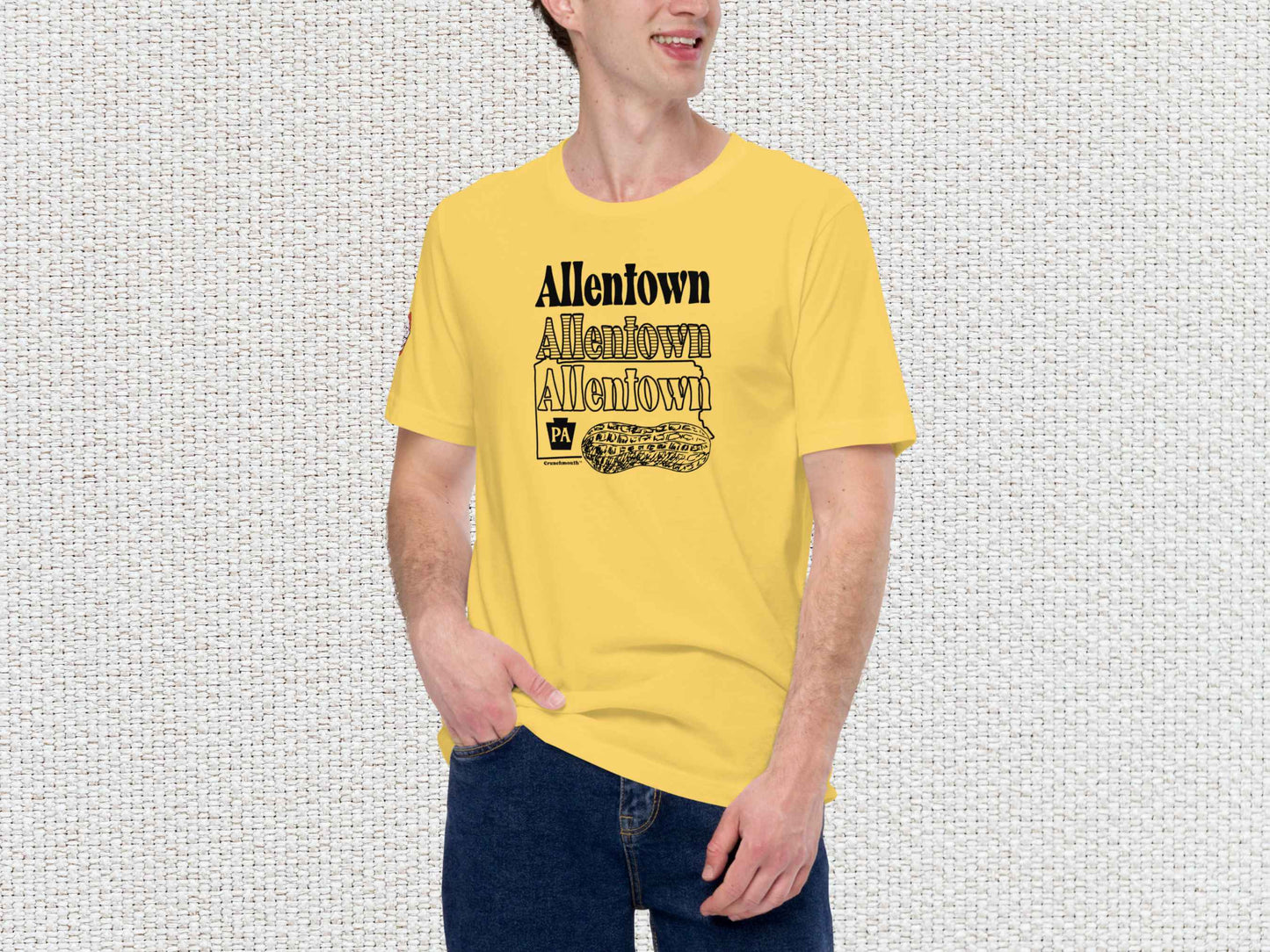 allentown peanut city shirt, male model, front, white textured background