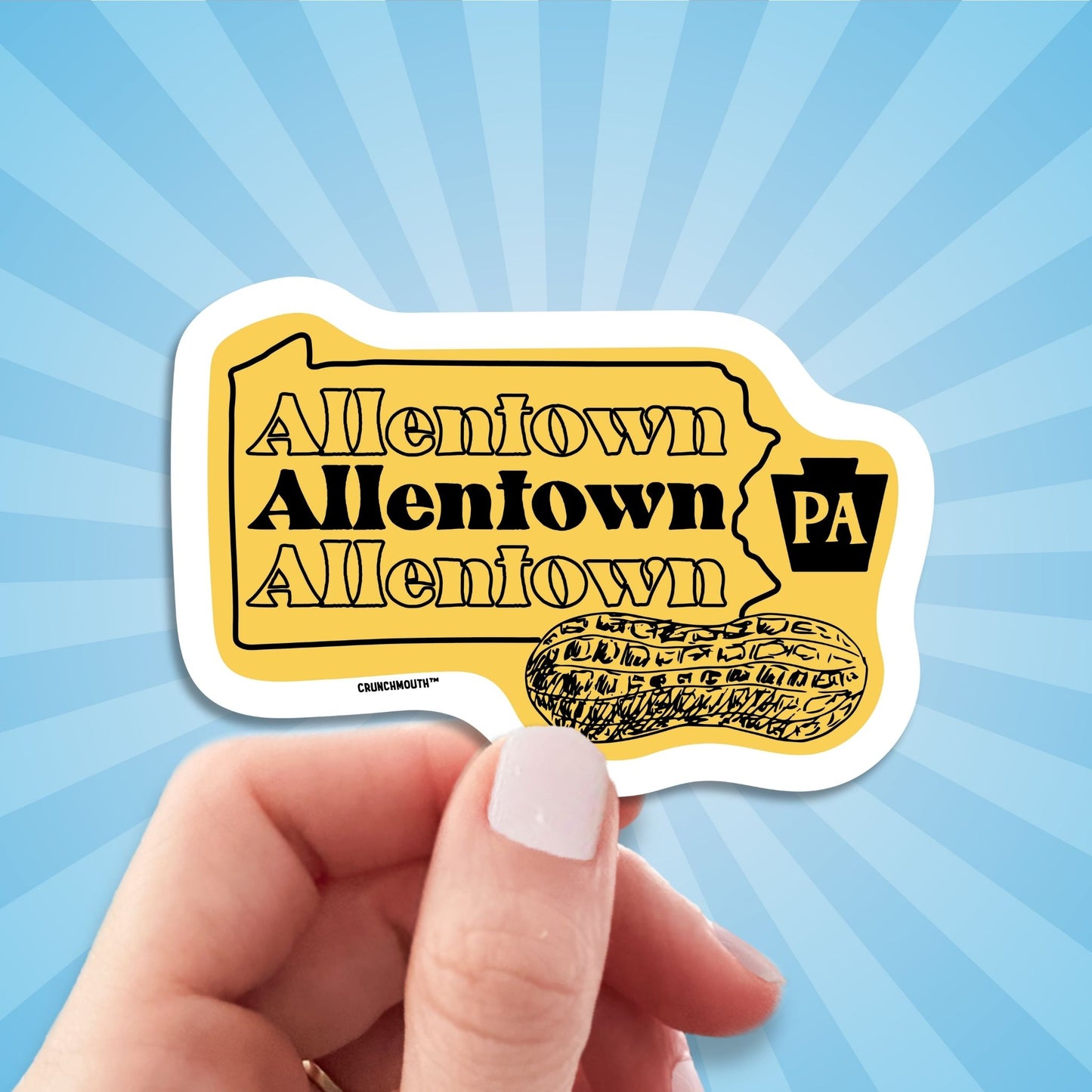 allentown travel luggage sticker, hand display, sun rays design background