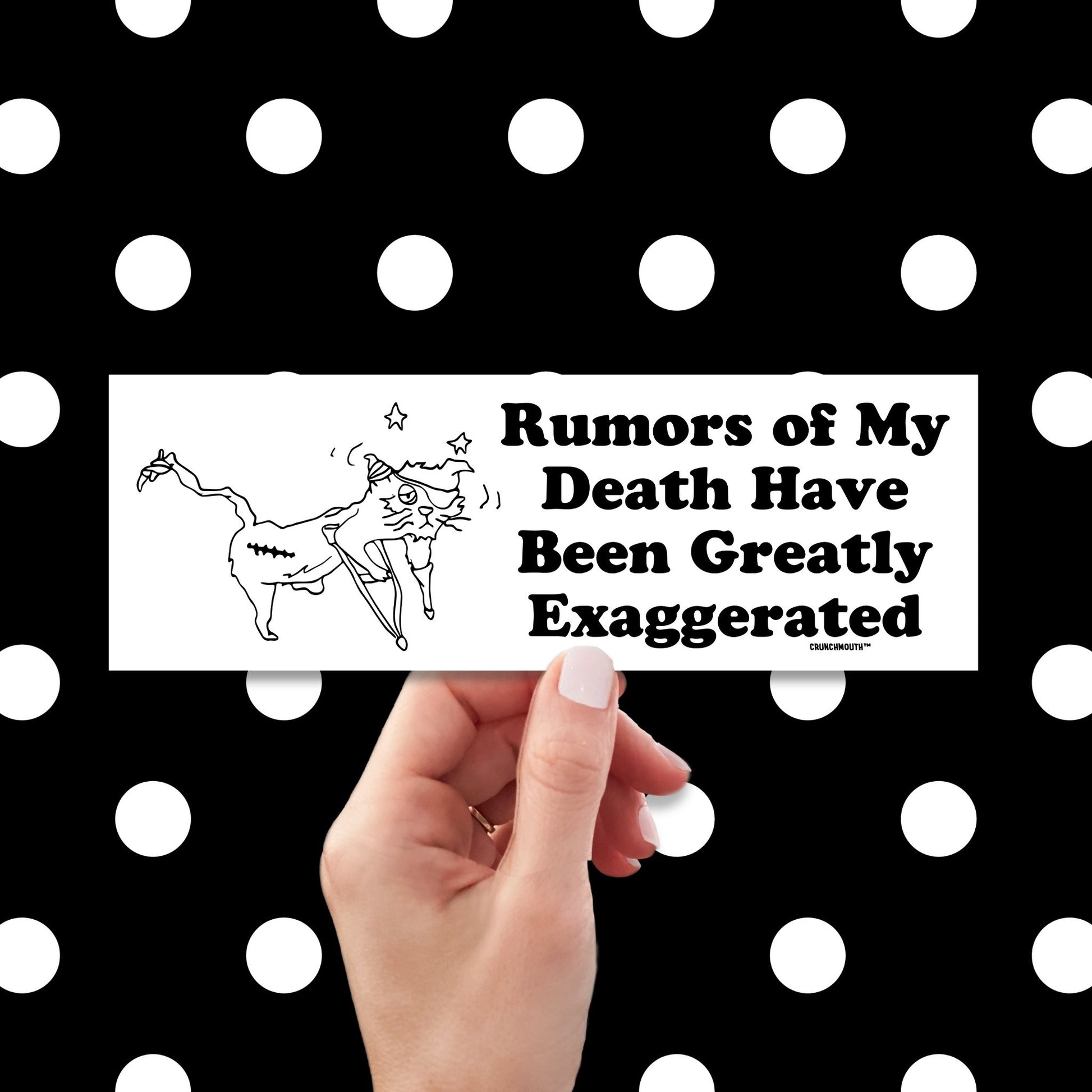 rumors of my death have been greatly exaggerated bumper sticker, hand display, polka dots pattern design background