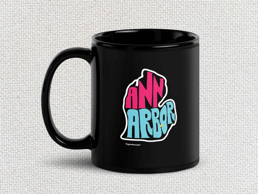 ann arbor coffee mug, 11oz, handle on left, white textured background