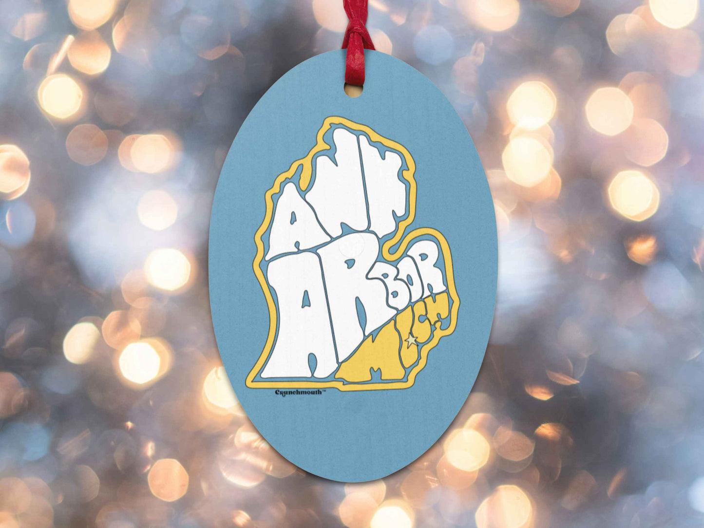 ann arbor ornament, retro Christmas ornaments, back, Christmas lights background