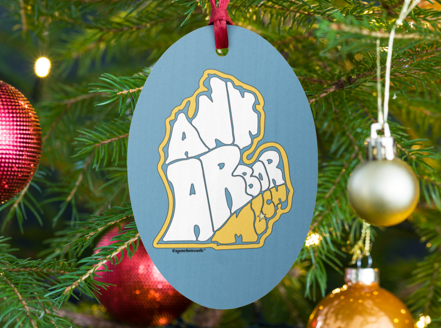 ann arbor ornament, retro Christmas ornaments, front, Christmas tree background