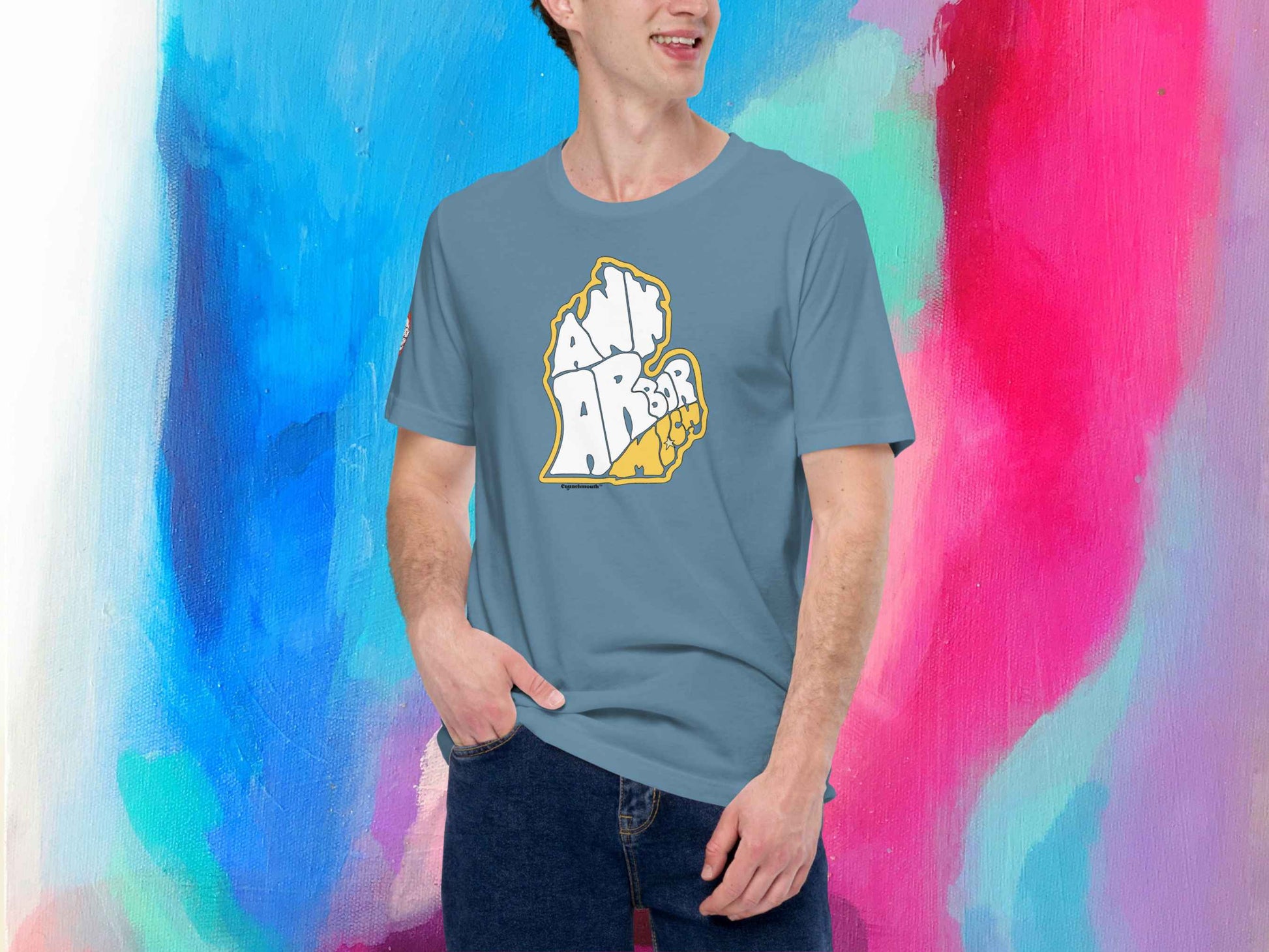 ann arbor shirt, retro t shirts, front, male model, tie dye background